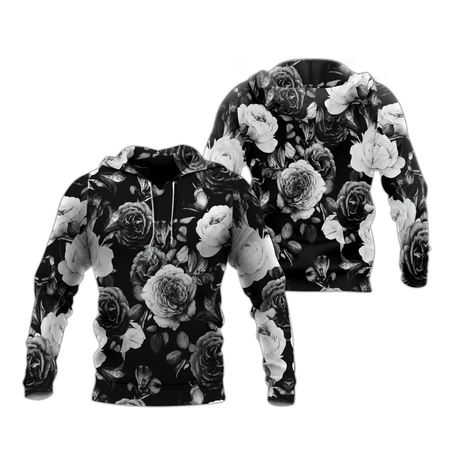 Black White Rose Floral Pattern All Over Print Hoodi